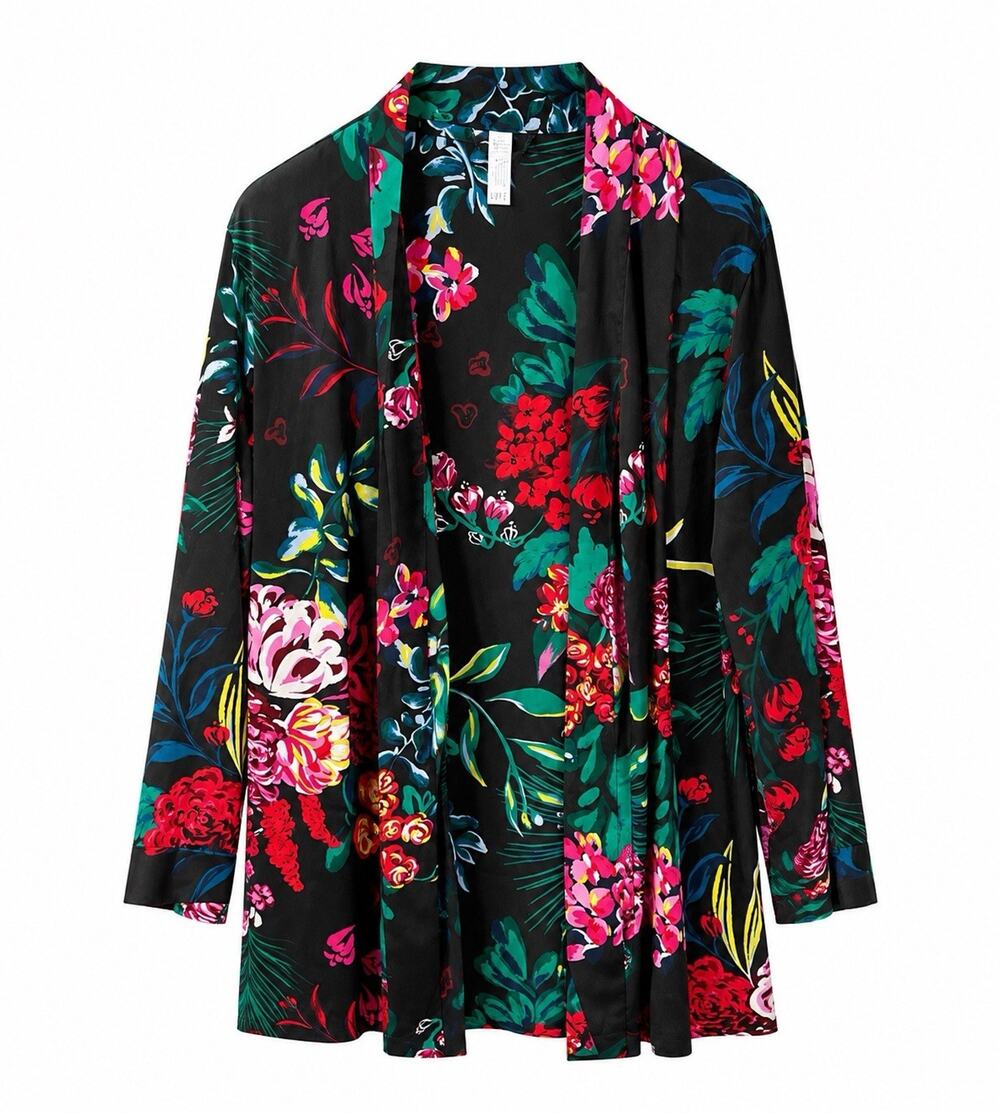 Stars Above Women's Black Satin Floral Print Robe XL No Belt
